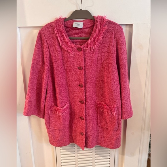 Stizzoli pink fringe feather Boucle Skirt Jacket suit set plus size 18-20 - Picture 2 of 9